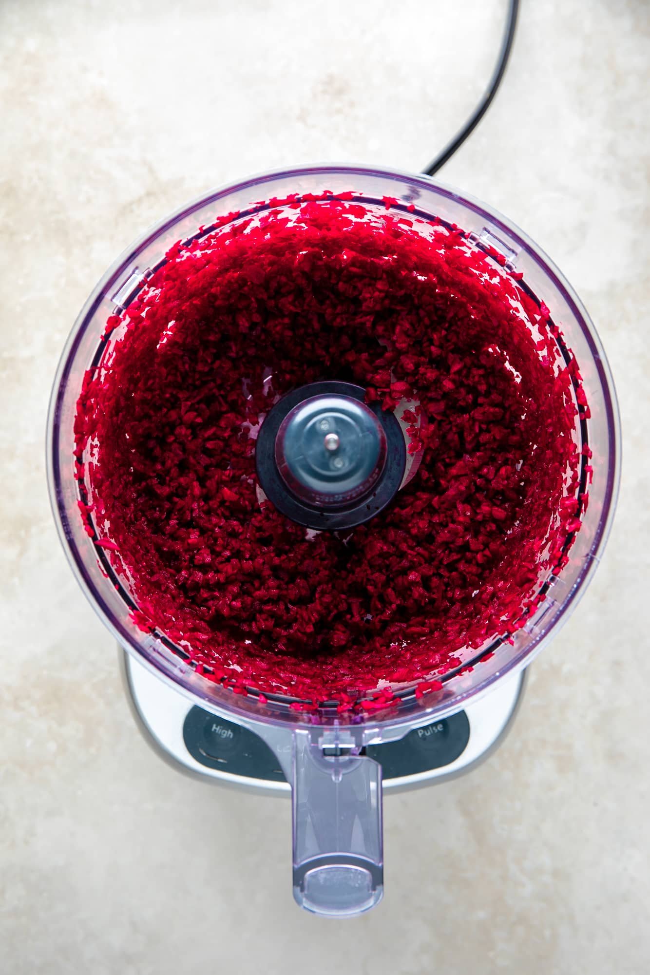 Red saboes crushed in a food processor.