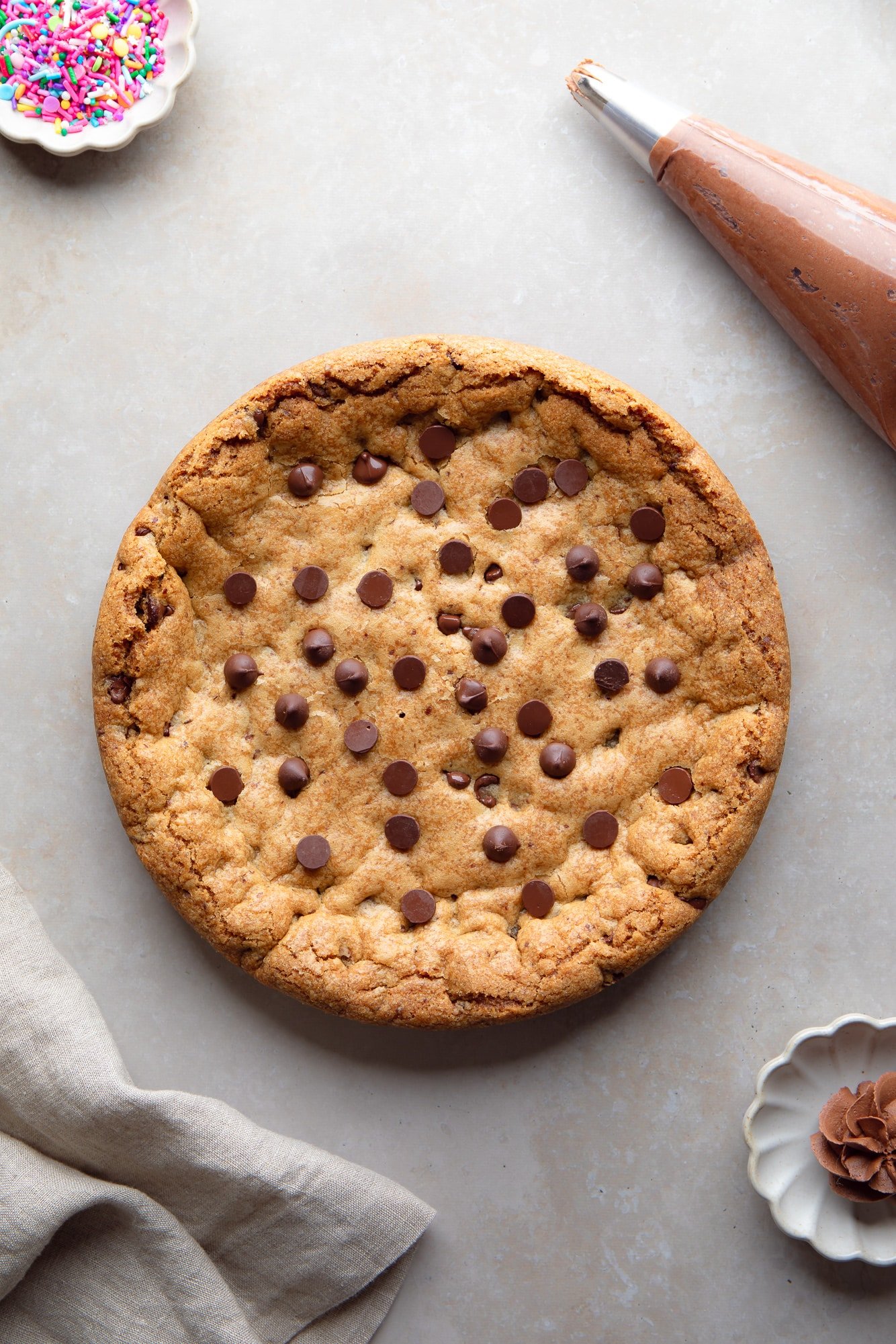View on a baked vegan cookie cake.